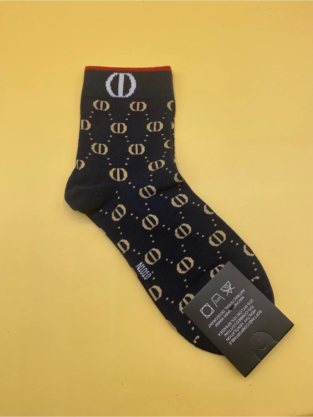 Dior Navy Crew Socks with Beige Monogram and Red Trim